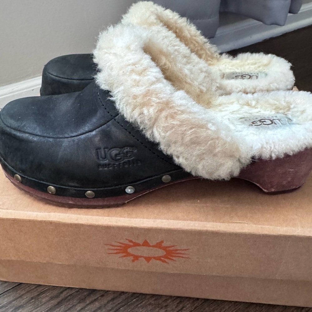 UGG Black Cream Mules with Plush Lining